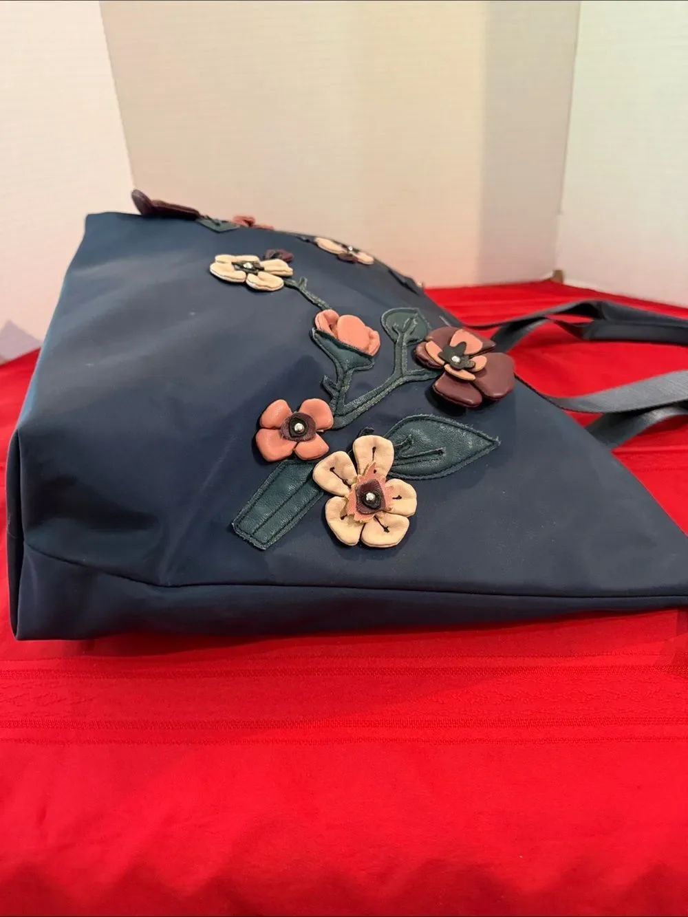 Karl Lagerfeld Navy Tote with Floral Appliqués & Inside Pockets